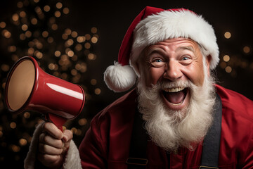 Santa Claus with megaphone. Christmas sale concept. Generative AI