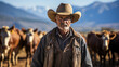Captivating, seemingly bewildered rancher in Durango, Colorado conveys a mix of confusion and wonder amid pastoral farmland with horse and livestock.