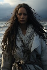 Wall Mural - a woman with long hair and a scarf on her head