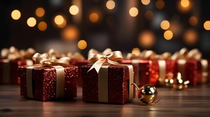 Christmas xmas or celebration holiday festive greeting card - Closeup of many different red presents gift boxes with gold ribbon, background with bokeh lights and christmas tree
