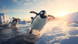 penguins sliding and having fun in the Antarctic, frozen lake, ultra realistic. Generative Ai