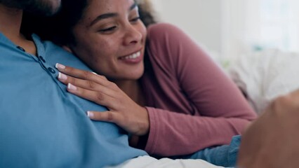 Poster - Happy, bed and interracial couple with a phone for the internet, connection and typing on the web. House, morning and a man and woman laughing with a mobile app in the bedroom for a meme or streaming