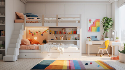 Wall Mural - A contemporary, minimalist kid's room with a white base color, adorned with colorful accents, a bunk bed, playful decor, and a study area, bathed in the gentle glow of sunlight