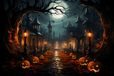 Fototapeta  - scary spooky halloween season, monster skull and crossbones halloween witch with pumpkin, halloween and October background	