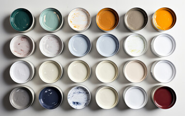 Top view of open multiple paint tins stacked in rows. Construction, diy concept.