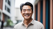 Senior Asian Man Smiling At The Camera Outdoors. Close-up Portrait Of A Laughing Handsome Asian Man In The City. Middle Aged Man Walking In A City.  AI Generated