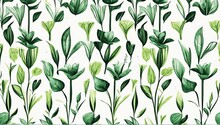 Green Plant And Leafs Pattern. Pencil, Hand Drawn Natural Illustration. Simple Organic Plants Design. Botany Vintage Graphic Art. 4k Wallpaper, Background. Simple, Minimal, Clean Design.