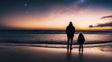 Dads and son look at the night sky, stars and moon, father's day, family