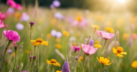 Colorful flower meadow with sunbeams and bokeh lights in summer - nature background banner with copy space - summer greeting card wildflowers spring concept