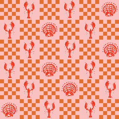 Wall Mural - Summer Checkered with Lobster colorful Groovy mood Seamless Pattern Vector Illustration,