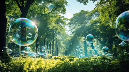 Poster -  soap bubbles floating in the air in a park setting with trees in the background.  generative ai