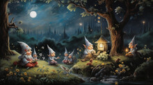 A Whimsical Scene Where Mischievous Fairies Play Tricks On A Sleeping Gnome In A Moonlit Glade