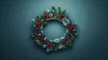  A Christmas Wreath With Red Berries And Pine Cones On A Green Background.  Generative Ai