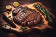 Grilled meat barbecue steak on wooden cutting background. ai generative