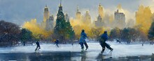 Central Park In The Middle Of A Winter Snow Squall Trees And Bushes Covered In Snow City Buildings In The Background Early Evening Three People Ice Skating Urban Tones Of Green And Blue And Gold 