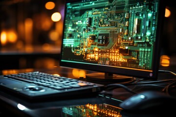 Keyboard and screens. Dark room with chips and data, corporate big data servers. 