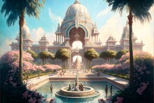 Extraordinary beautiful bright dazzling symmetrical palace robed people gathered in groups looking up to center of temple daytime beautiful flower gardens and water fountains surround palace 
