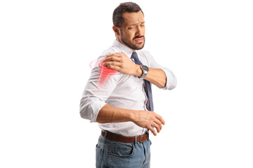 Canvas Print - Businessman with pain in the shoulder, red inflamed zone indicated