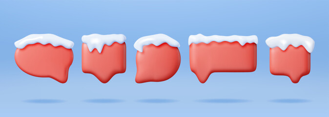 Fototapete - 3D Set of Christmas Speech Bubble with Snow. Render Collection of Red Winter Dialogue Bubble Text Covered Snow. New Year Decoration. Christmas Holiday. New Year Xmas Celebration. Vector Illustration
