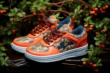 Canvas Print - A pair of orange sneakers with a flower pattern, AI