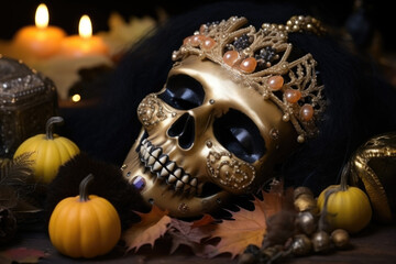 A skull with a crown and gold jewelry on a table, AI