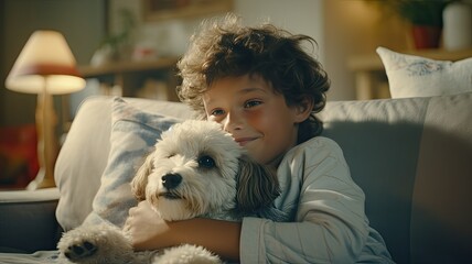 Wall Mural - A little boy laughing as he plays fetch with his mixed breed puppy in a bright, minimalist living room.