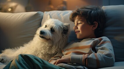 Wall Mural - A little boy laughing as he plays fetch with his mixed breed puppy in a bright, minimalist living room.