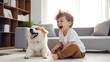 © lililia - A little boy laughing as he plays fetch with his mixed breed puppy in a bright, minimalist living room.