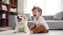 A Little Boy Laughing As He Plays Fetch With His Mixed Breed Puppy In A Bright, Minimalist Living Room.