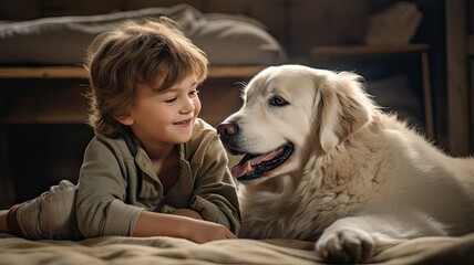 Wall Mural - A little boy laughing as he plays fetch with his mixed breed puppy in a bright, minimalist living room.