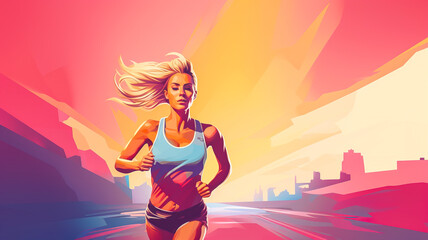 Cool looking woman running in the morning in pop art style painting, copy space for text, blank space, pastel colors, minimal. Digital illustration generative AI.