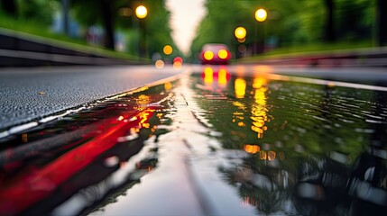 Wall Mural - Wet asphalt road with cars in the city lights. Automobiles drive along the lanes of the roadway. Illustration for banner, poster, cover or presentation.