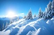 Snowdrifts on winter snow covered mountainside, fir trees on hill top and sun shine in blue sky 