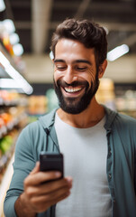 A young man laugh while looks the cell phone in the supermarket