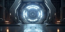 AI Generated. AI Generative. Futuristic Space Ship Galaxy Alien Door Gate Entrance Sci Fi Concept Neon Indoor Architecture. Can Be Used Like Game Or Movie Inspirational Concept.
