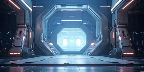 Wall Mural - AI Generated. AI Generative. Futuristic space ship galaxy alien door gate entrance sci fi concept neon indoor architecture. Graphic Art