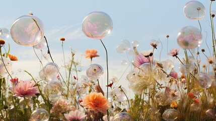 Poster -  a field full of bubbles floating in the air next to flowers.  generative ai