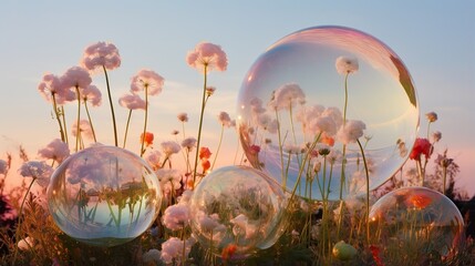 Wall Mural -  a field of flowers and bubbles floating in the air at sunset.  generative ai