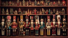  A Collection Of Nutcrackers And Figurines On A Shelf.  Generative Ai
