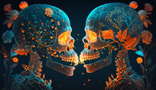 An Illustration Of Eternal Love. Two Calaveras On Dark Blue Background. Day Of The Dead. Mexican Sculls. Illustration Of The Sculls.