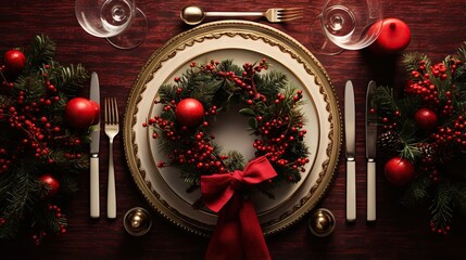 Wall Mural -  a plate with a christmas wreath on top of it next to silverware.  generative ai