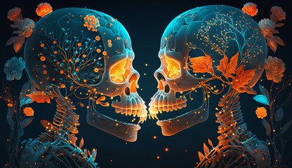 An illustration of eternal love. Two Calaveras on dark blue background. Day of the dead. Mexican sculls. Illustration of the sculls.