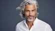 Aging Gracefully: Handsome Man with Gray Hair in Gray and White, Happy Smiling, Advertising