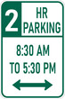 Transparent PNG of a Vector graphic of a green usa Two Hour parking between times MUTCD highway sign. It consists of the wording 2 hour Parking and restricted times contained in a white rectangle