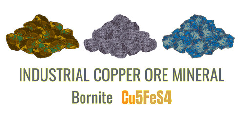 Set of chalcopyrite  illustrations. INDUSTRIAL COPPER MINERALS. Bornite. Strategic minerals.