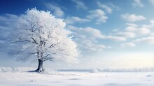  A Lone Tree In A Snowy Field Under A Blue Sky.  Generative Ai