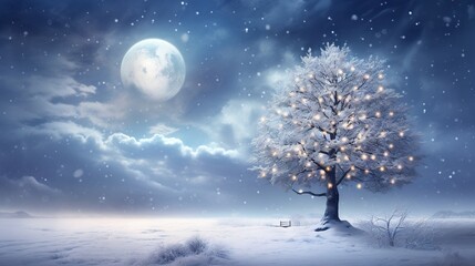 Poster -  a snowy landscape with a tree and a bench under a full moon.  generative ai