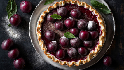 Wall Mural -  Appetizing plum pie on old background