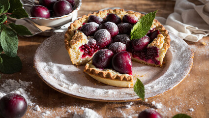 Wall Mural -  Appetizing plum pie on old background