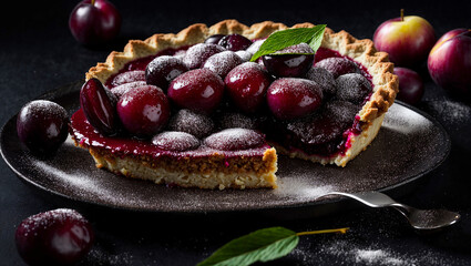 Wall Mural -  Appetizing plum pie on old background